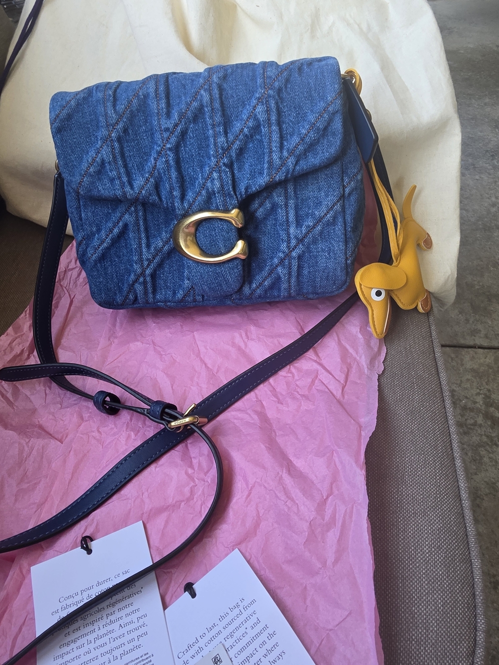 Coach Denim Quilted Crossbody with Gold 'C' and Yellow Charm